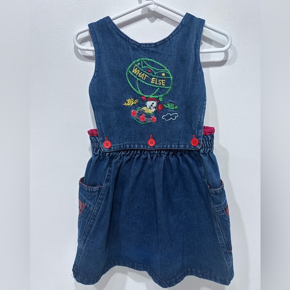 Girls’ Denim Jumper Dress W/ Red Plaid Patchwork & Button Details Size 3 - Picture 4 of 10